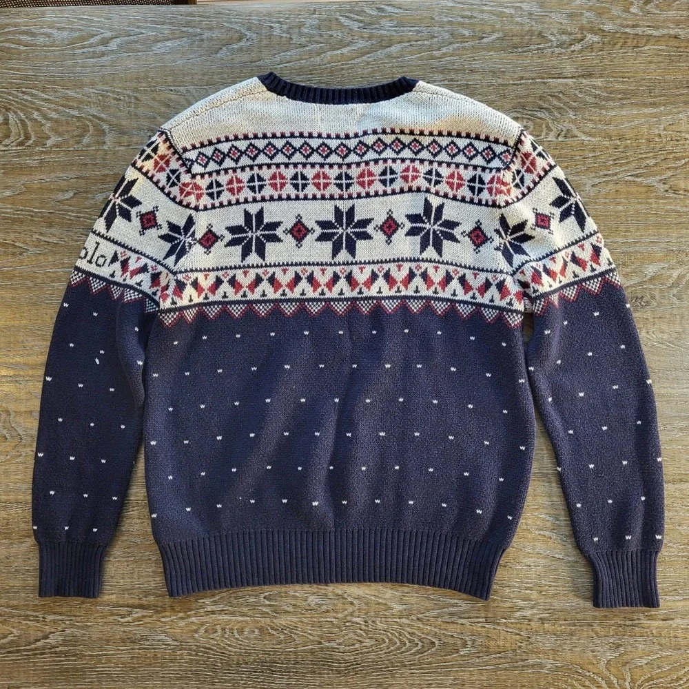 Polo Ralph Lauren Mens XL Fair Isle Snowflake Knit Sweater Navy Blue Red Cotton